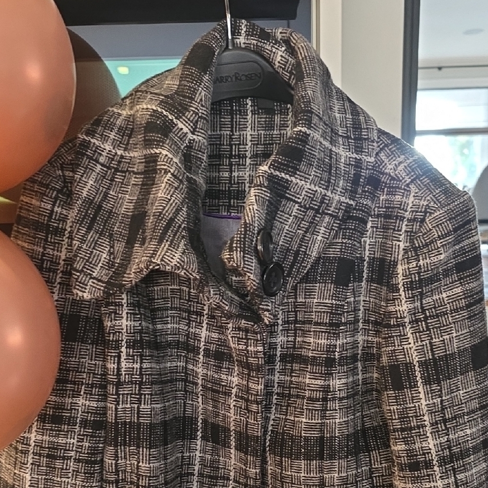 Le Chateau Black and Gray Plaid Trench Coat - Picture 2 of 5